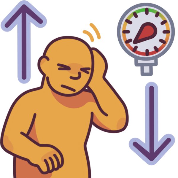 a person dizzily holding their head, with an arrow showing they’ve just stood up. To the side of them is a pressure gauge with the needle in the shape of a blood droplet, and an arrow pointing down to indicate a blood pressure drop